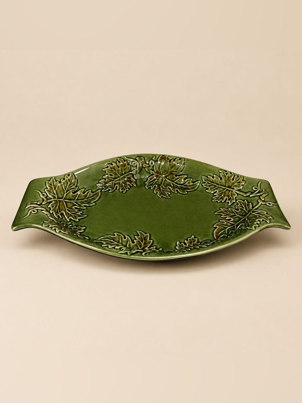 Embossed Green and Brown Ceramic Maple Leaf Trinket Dish or Platter
